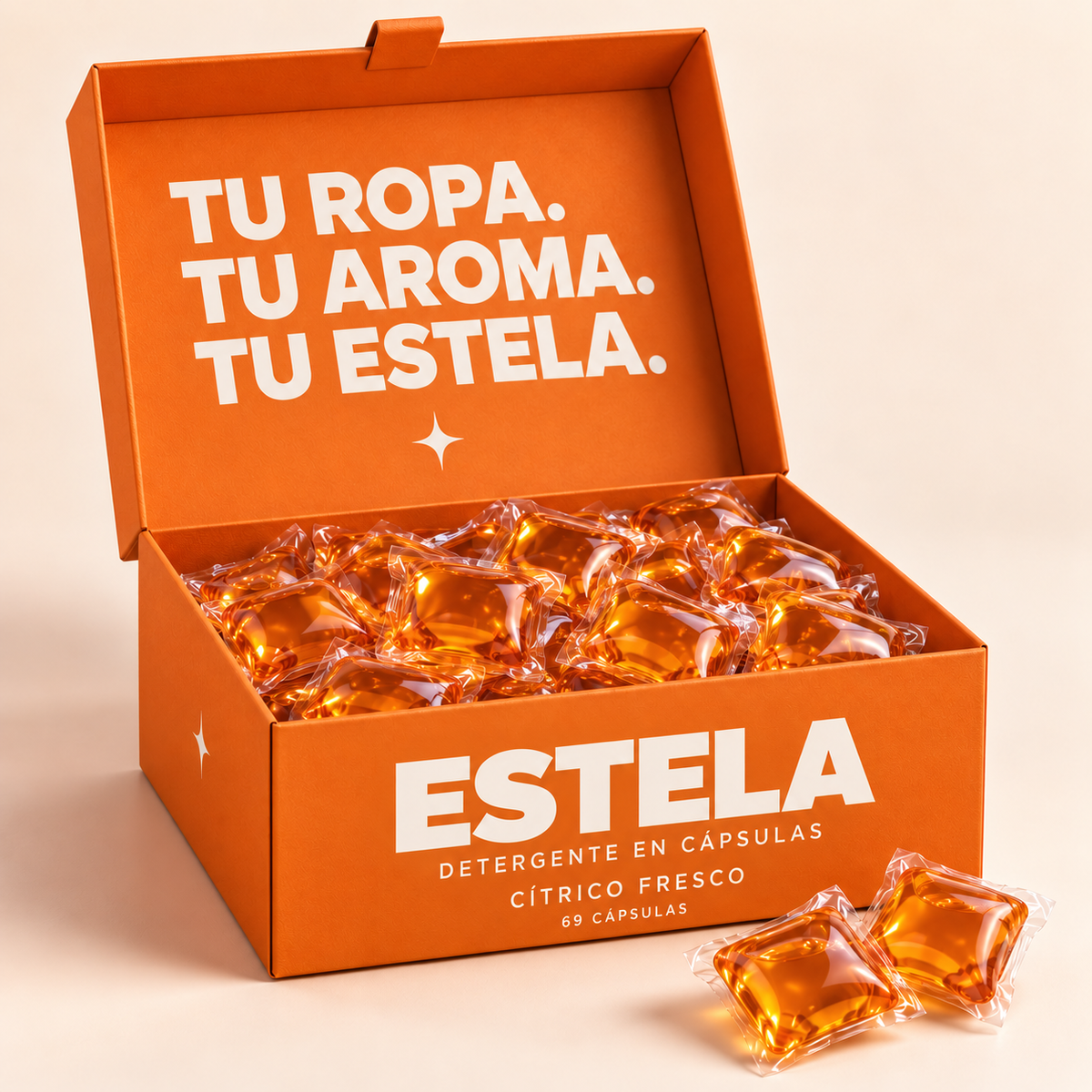 ESTELA Cítrico Fresco: caja abierta de 69 cápsulas, color naranja
